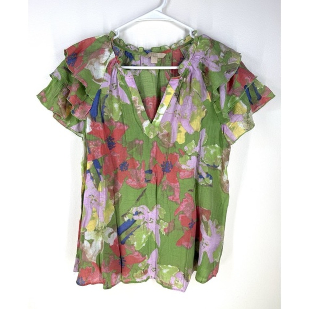Hope & Harlow Blouse Light Romantic Floral Top large V-neck Ruffle Sleeve Flowy